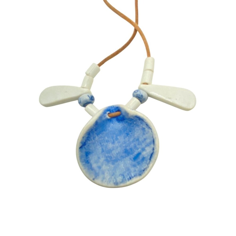 Blue White Ceramic Floral Pendant Necklace Adj Brown Suede Cord 24" Cottagecore - Picture 4 of 6